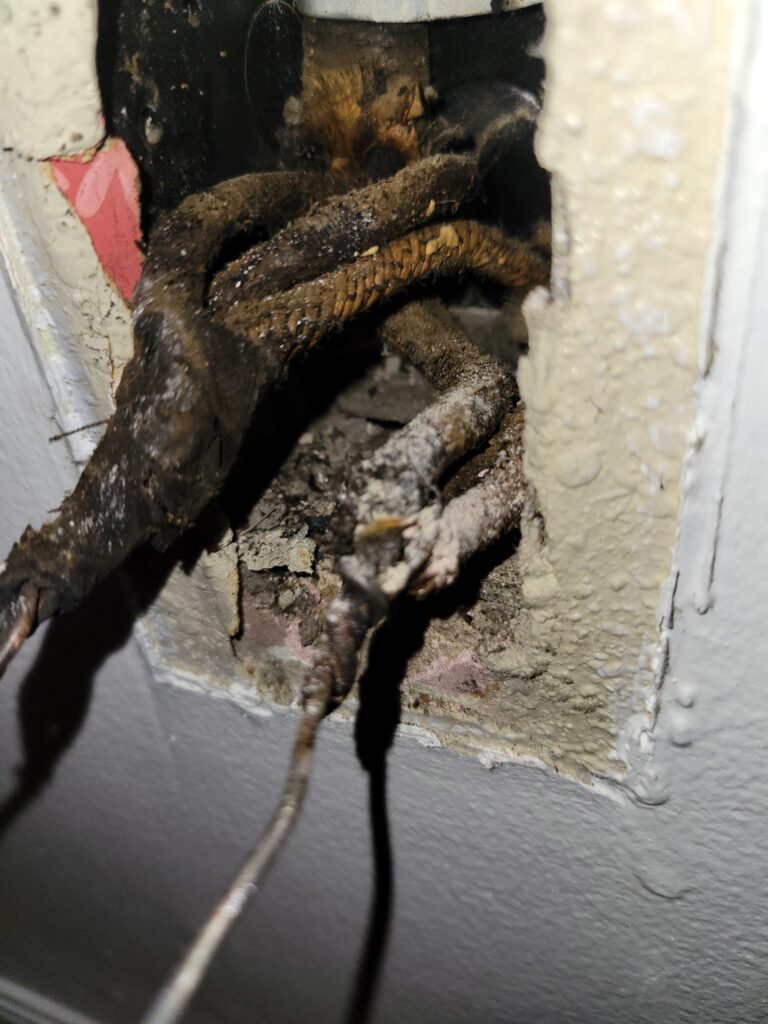 Heat-damaged electrical wiring inside an outlet box